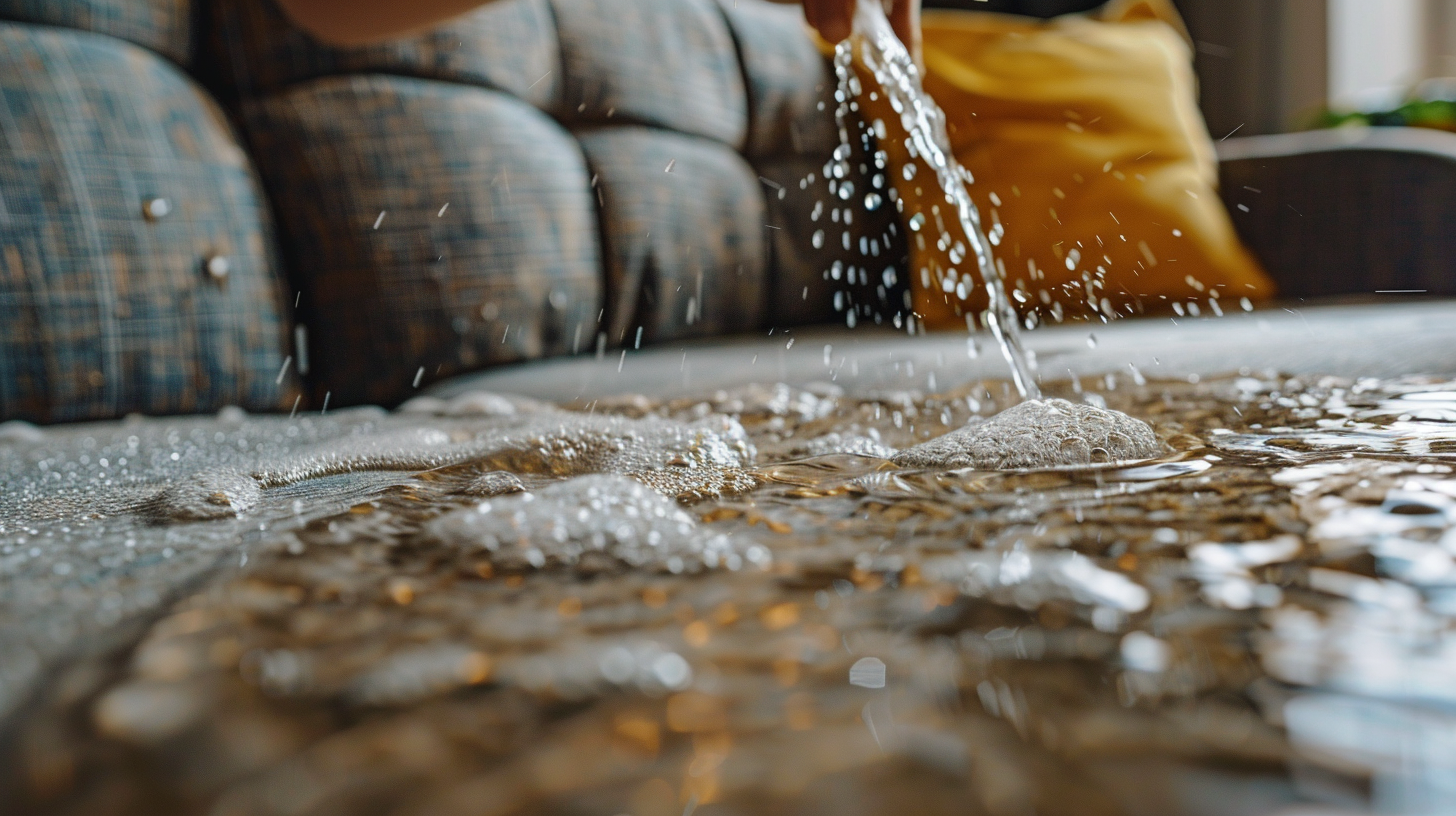 Ręka amatora wylewająca zbyt dużo wody na kanapę podczas samodzielnego prania tapicerki, widoczne zacieki i zalana tkanina